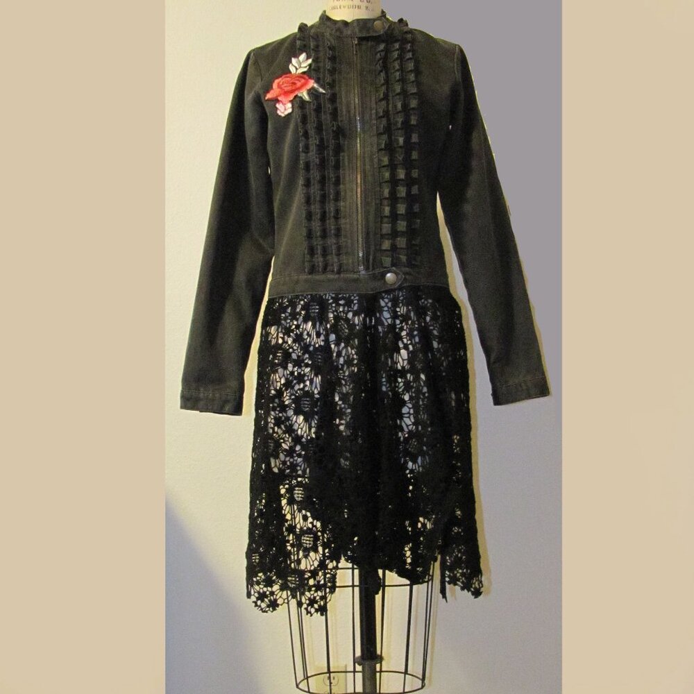 Upcycled Black Denim Jacket with Lace Peplum